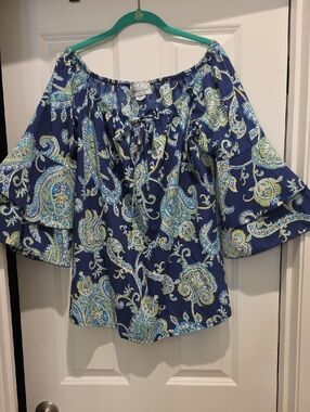 NEW Caren Sport Blue Paisley On/Off-Shoulder Top 2x